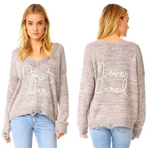 Wildfox Gray Dont Care Never Cared Distressed V Neck Sweater Large